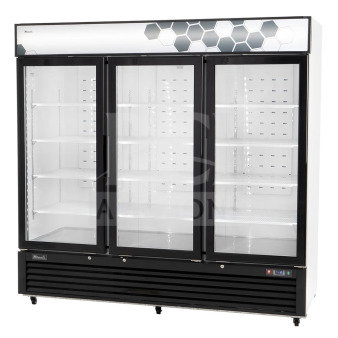 Migali C-72FM-HC commercial 3-door reach-in cooler, new scratch and dent, on casters. 115V, serial C-72FM-HC003220304092C0007.