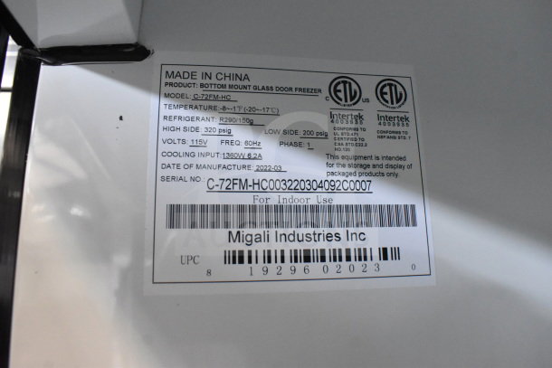 BRAND NEW Migali C-72FM-HC 2022 3 Door Cooler Merchandiser, 115V, on casters, scratch and dent, serial C-72FM-HC003220304092C0007.