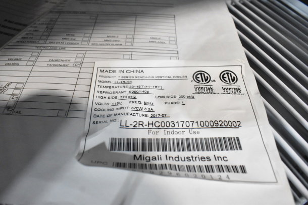 BRAND NEW 2017 Migali LL-2R-HC commercial cooler label, 115V, 1 phase, showing specifications and ETL certification.