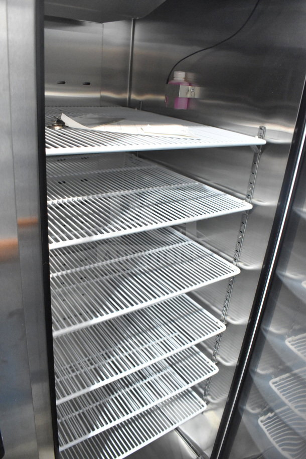 Migali LL-2R-HC commercial 2-door reach-in cooler, brand new scratch and dent, six shelves inside, model LL-2R-HC.