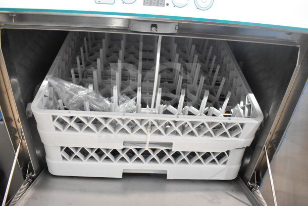 Brand new, scratch and dent Noble 495LTUC24 low-temp undercounter dishwasher, 120V, 1 phase, with dual racks visible.