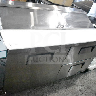 Brand new True TSSU-60-16D-2-HC sandwich salad prep table, two drawers, 115V, stainless steel, minor scratches, commercial use.