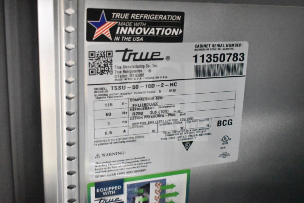Label for True TSSU-60-16D-2-HC Commercial Prep Table; 115V, 1 Phase, model details, and energy specifications.