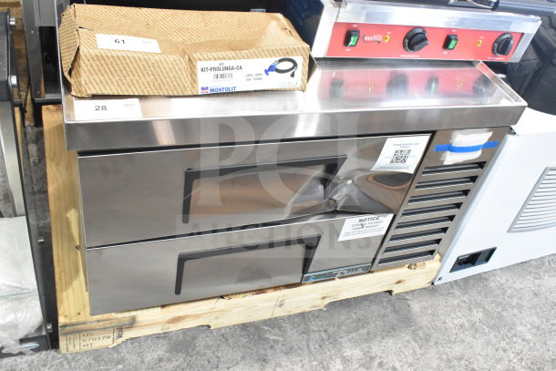 Brand new True TRCB-36-HC commercial 2-drawer chef base. Note scratch and dent, 115 volts, 1 phase, on wooden pallet.
