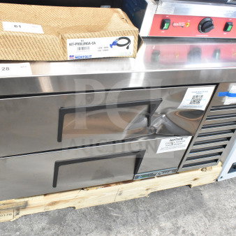 Brand new True TRCB-36-HC commercial 2-drawer chef base. Note scratch and dent, 115 volts, 1 phase, on wooden pallet.
