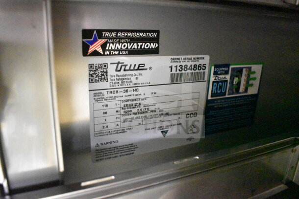 Brand new True TRCB-36-HC commercial 2-drawer chef base, 115V, 1 phase. Labels show model and energy specs.