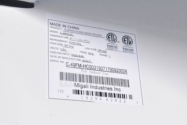 Migali C-49FM-HC 2 Door Reach In Freezer, serial C-49FM-HC00319071700920026, 115V, made in China, indoor use label.