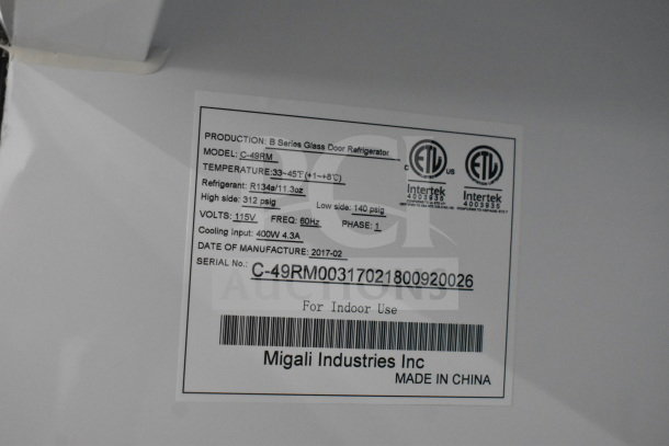 Migali C-49RM Commercial Freezer, model details label, serial C-49RM00317021800920026, 115V, for indoor use.
