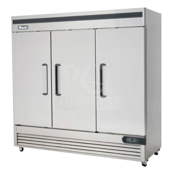 Brand new Migali C-3FB-HC commercial freezer, 3-door, on casters. 115 volts, 1 phase, scratch and dent condition.