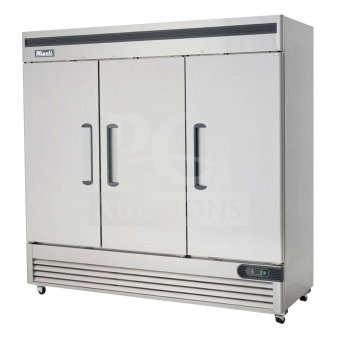 Brand new Migali C-3FB-HC commercial freezer, 3-door, on casters. 115 volts, 1 phase, scratch and dent condition.