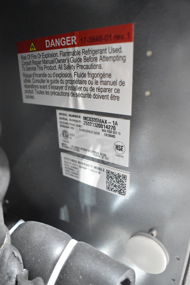 BRAND NEW 2025 Scotsman MC0330MAX-1A Ice Machine, 365 lb capacity, 115V, air-cooled, warning label shown.