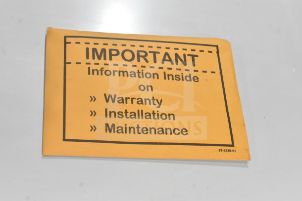 Yellow envelope labeled "IMPORTANT Information Inside on Warranty, Installation, Maintenance" on a surface.