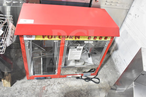 Brand new 2025 Carnival King 382PMW17R 8 oz. popcorn machine with warming merchandiser. Missing glass pane. 110V, 1 phase.