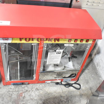 Brand new 2025 Carnival King 382PMW17R 8 oz. popcorn machine with warming merchandiser. Missing glass pane. 110V, 1 phase.