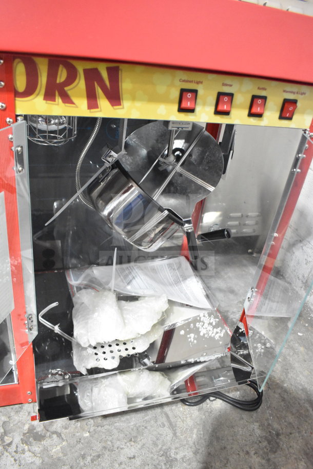 Carnival King 382PMW17R popcorn machine with warming merchandiser. New with scratch, dent, and missing glass pane. 110V, 1 phase.
