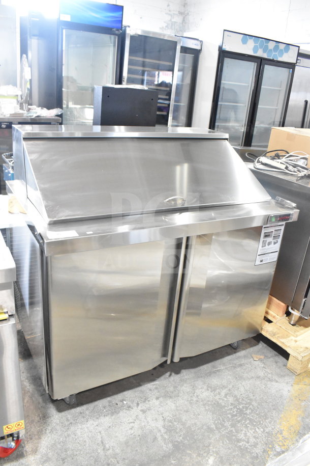 Brand new Eqchen KSR-48BM commercial sandwich salad prep table, stainless steel, on casters, 115V, 1 phase.