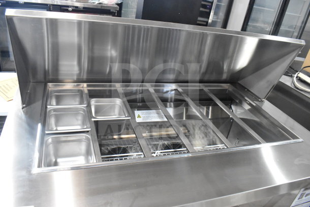 Eqchen KSR-48BM sandwich salad prep table, brand new with minor scratches, Bain Marie top, on commercial casters, 115V.