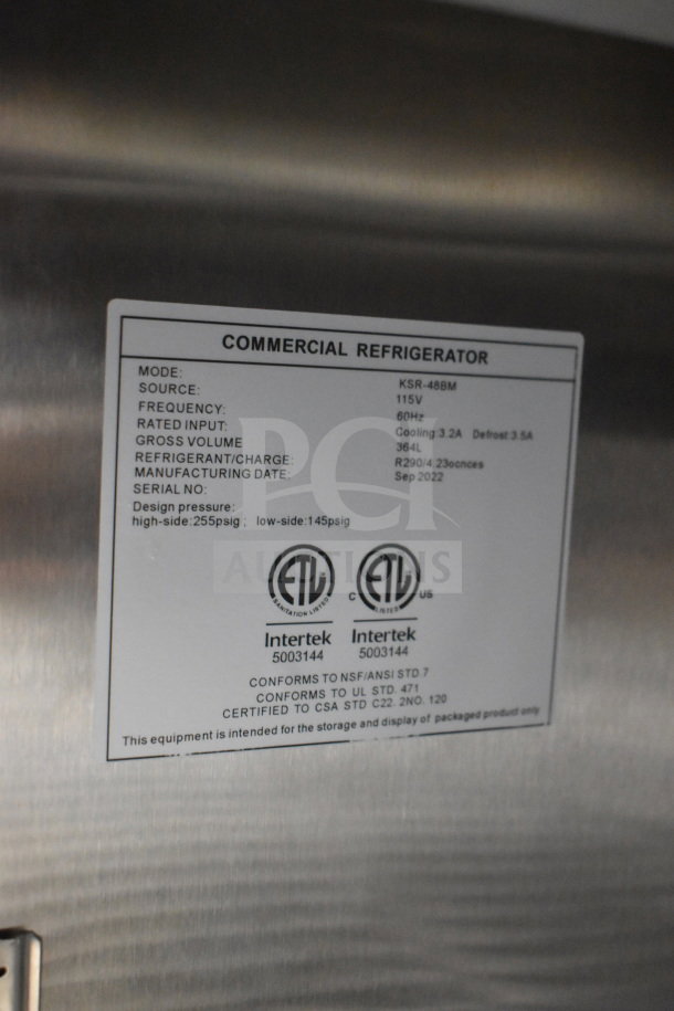 BRAND NEW Eqchen KSR-48BM Salad Prep Table, scratch and dent, 115V, commercial casters, ETL certified label shown.