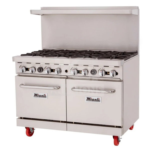 Migali C-RO8B-NG commercial 8 burner range with 2 ovens, natural gas, new with scratches; on casters, serial C-RO8B-NGP19004.