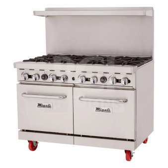 Migali C-RO8B-NG commercial 8 burner range with 2 ovens, natural gas, new with scratches; on casters, serial C-RO8B-NGP19004.