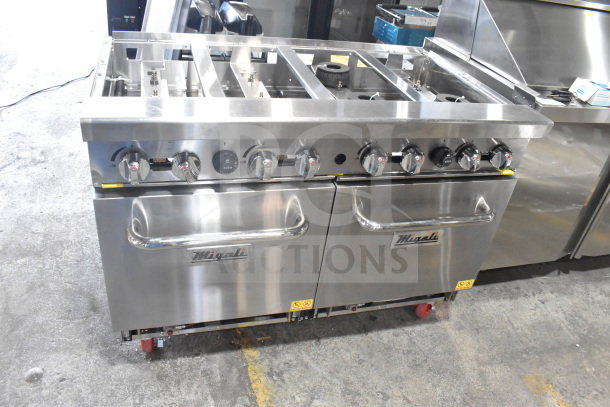 Migali C-RO8B-NG commercial 8 burner range with 2 ovens, natural gas, new condition, on casters, serial C-RO8B-NGP19004.
