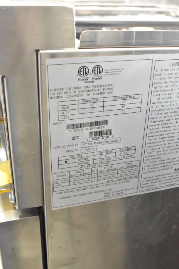 Migali C-RO8B-NG 8 Burner Range, natural gas, 2 ovens, commercial casters, serial C-RO8B-NGP19004, brand new condition.