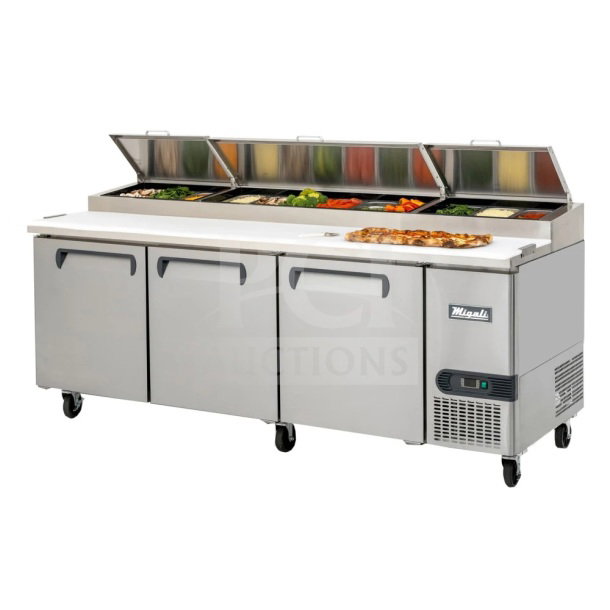 Brand new 2025 Migali C-PP93-HC commercial pizza prep table, stainless steel, with scratch and dent, serial C-PP93-HCP51T010.