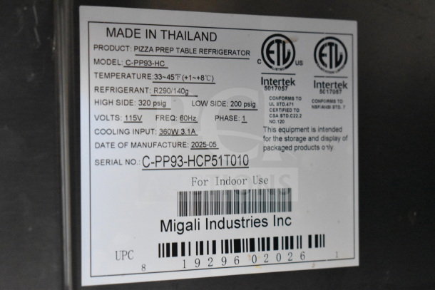 BRAND NEW Migali C-PP93-HC pizza prep table. Scratch and dent condition. Serial C-PP93-HCP51T010. Made in Thailand.
