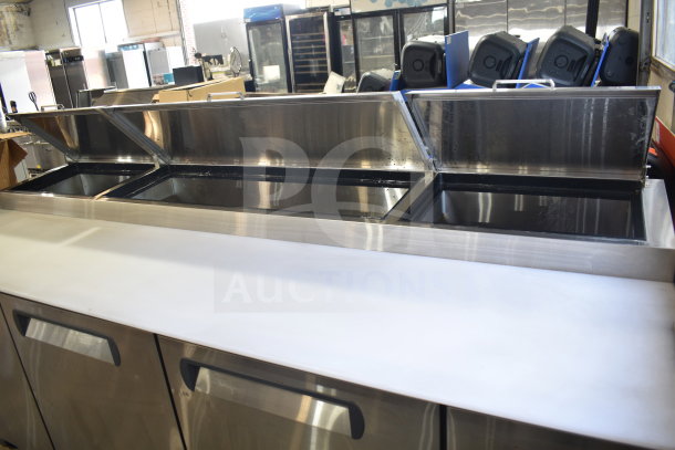 Brand new 2025 Migali C-PP93-HC commercial pizza prep table, stainless steel, scratch and dent, serial C-PP93-HCP51T010.