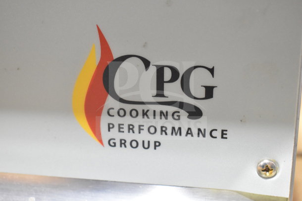 Cooking Performance Group logo on a commercial 60" natural gas griddle, model 351GMCPG60NL, 150,000 BTU, manual controls.