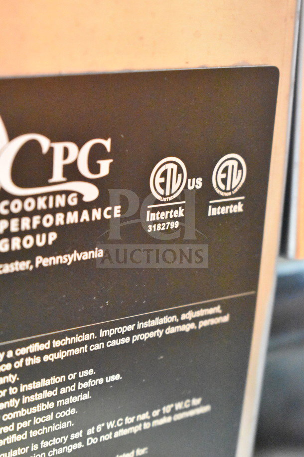 Cooking Performance Group logo and certification labels, Intertek listed; model 351GMCPG60NL griddle details visible.