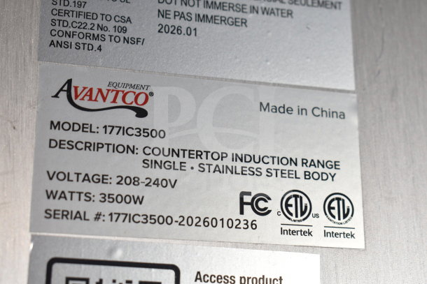 Avantco 177IC3500 Countertop Induction Range, 208-240V, 3500W, stainless steel, new with minor scratches, model label visible.