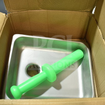 Alt text: "Brand new 190M22HGA Meat Grinder Attachment with green stomper for #22 hub in box. Stainless steel finish, minor cosmetic dent."