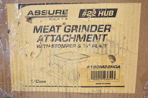 Brand new #190M22HGA meat grinder attachment for #22 hub with stomper. Box shows scratch and dent wear. Made in China.