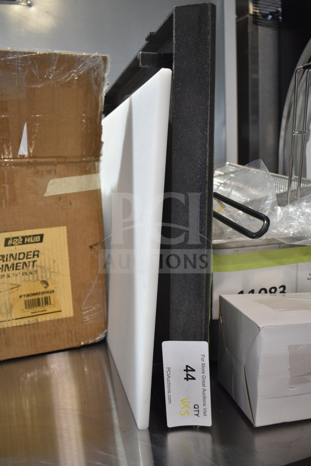 5 brand new scratch and dent items including Vollrath 92290082 Super Pan 3® steam table pan, shown packaged on shelf.
