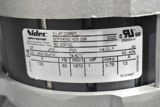 BRAND NEW SCRATCH AND DENT Nidec Motor, 120V, 1 Phase, labeled Leroy-Somer, model RC 303160, Ins.CL.F.