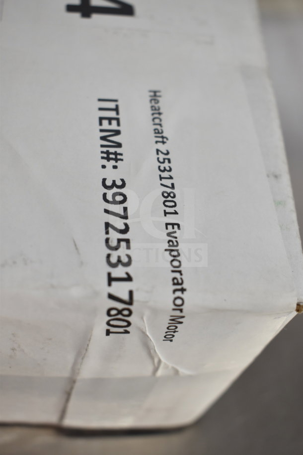 Packaging for Heatcraft 25317801 Evaporator Motor, item #39725317801, labeled as brand new with scratches and dents.