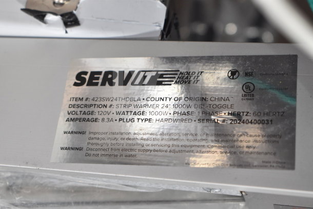 Brand new 2024 ServIt 423SW24THDBLA 24" double strip warmer. Features dual toggle controls, 120V, 1 phase. Serial #20240400031.