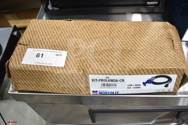Brand new Brevetti Montolit KIT-PROLUNGA-CA in original packaging. Visible label shows specifications: 120V/60Hz, 15A, 12AWG.