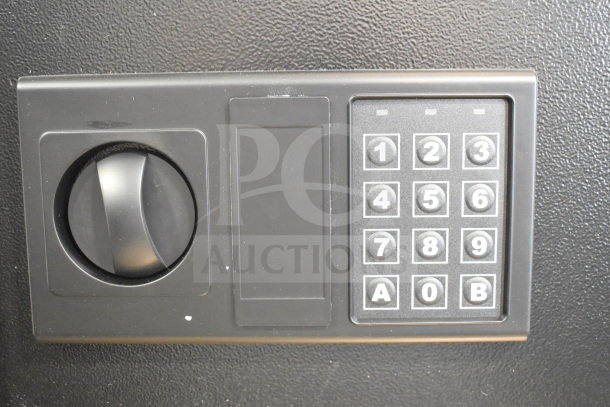 Black steel 133-key cabinet safe with electronic keypad lock, dimensions 16 7/8" x 4 3/4" x 26 1/8", brand new.