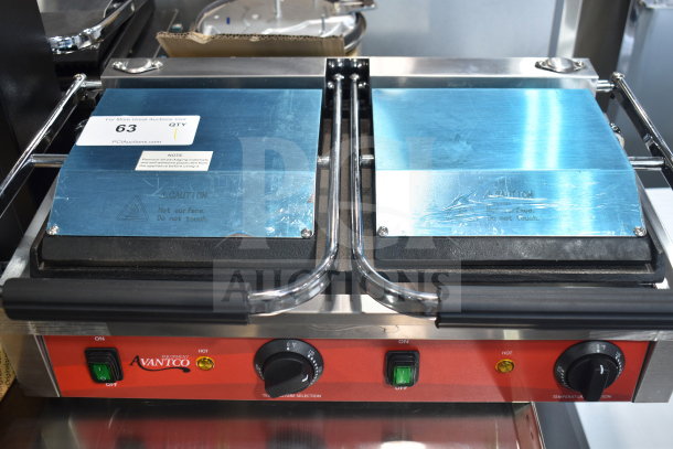 Brand new 2023 Avantco 177PG400S dual panini grill, scratch and dent, smooth plates, 19 5/8" x 9 1/8" surface.