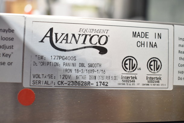 Brand new Avantco 177PG400S dual panini grill, smooth plates, 19 5/8"x9 1/8" surface, 120V. Scratch and dent condition. ETL certified.