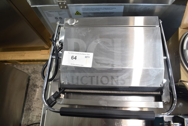 Brand new 2025 Avantco 177PG200GST commercial panini grill, grooved top, smooth bottom, 13 3/8"x8 3/4" surface.