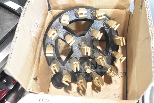 Two brand new scratch and dent burners in a cardboard box; items include a burner and hot plate burner with brass attachments.