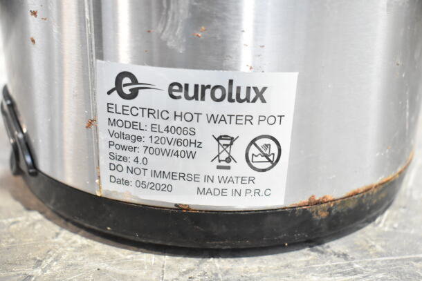 Eurolux Electric Hot Water Pot, Model EL4006S, 700W. Label shows voltage, power, and warning to not immerse in water.