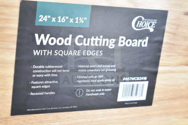 Choice 24"x16" wooden cutting board, durable rubberwood, square edges, recessed handles, NSF-registered finish, handwash only.