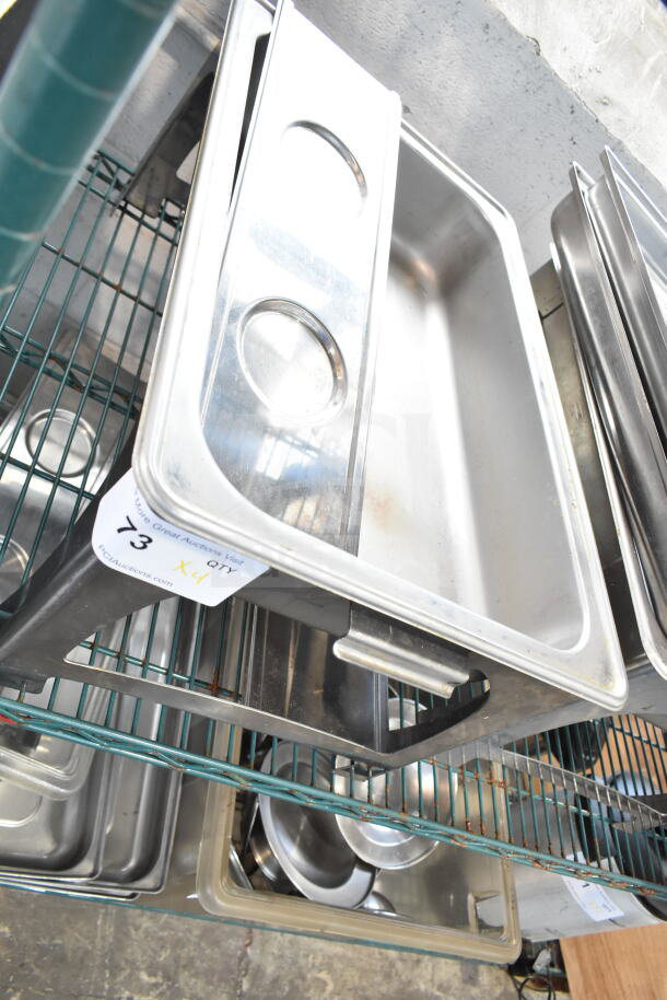 Four stainless steel chafing dishes on a metal rack, each with lid and burners, marked "QTY x4" for auction lot 73.