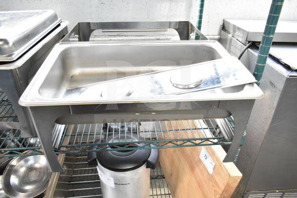 Four stainless steel chafing dishes on wire rack, each with lid and frame, used condition, auction lot 72 visible.