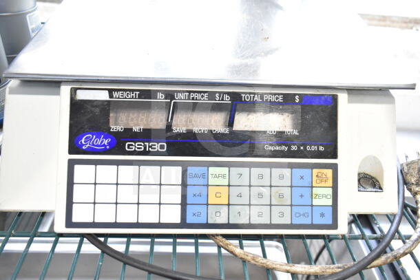 Globe GS130 Commercial Countertop Scale, 30 lb capacity, digital display, button controls, slight wear on keypad.
