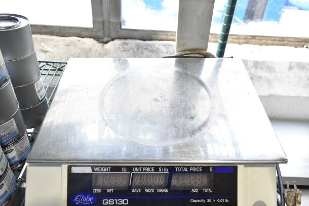 Globe GS130 Commercial Scale, 30 lb capacity, countertop model, visible wear on steel surface, digital display intact.
